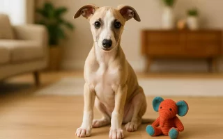 Problèmes avec le chiot Whippet :Chiot Whippet fauve et blanc assis sur un sol en bois, à côté d’une peluche éléphant orange et turquoise, dans un intérieur chaleureux et lumineux.