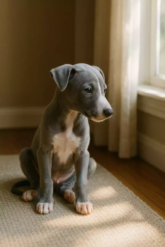 Un Chiot Whippet bleu assis sur un tapis beige, regardant par la fenĂȘtre dans une piĂšce baignĂ©e de lumiĂšre naturelle. Apprendre la solitude Ă©vite bien des soucis pour le chiot Whippet.