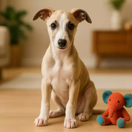 Problèmes avec le chiot Whippet :Chiot Whippet fauve et blanc assis sur un sol en bois, à côté d’une peluche éléphant orange et turquoise, dans un intérieur chaleureux et lumineux.