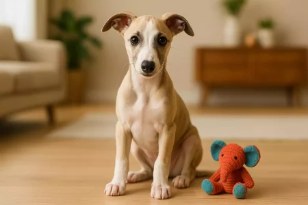 Problèmes avec le chiot Whippet :Chiot Whippet fauve et blanc assis sur un sol en bois, à côté d’une peluche éléphant orange et turquoise, dans un intérieur chaleureux et lumineux.