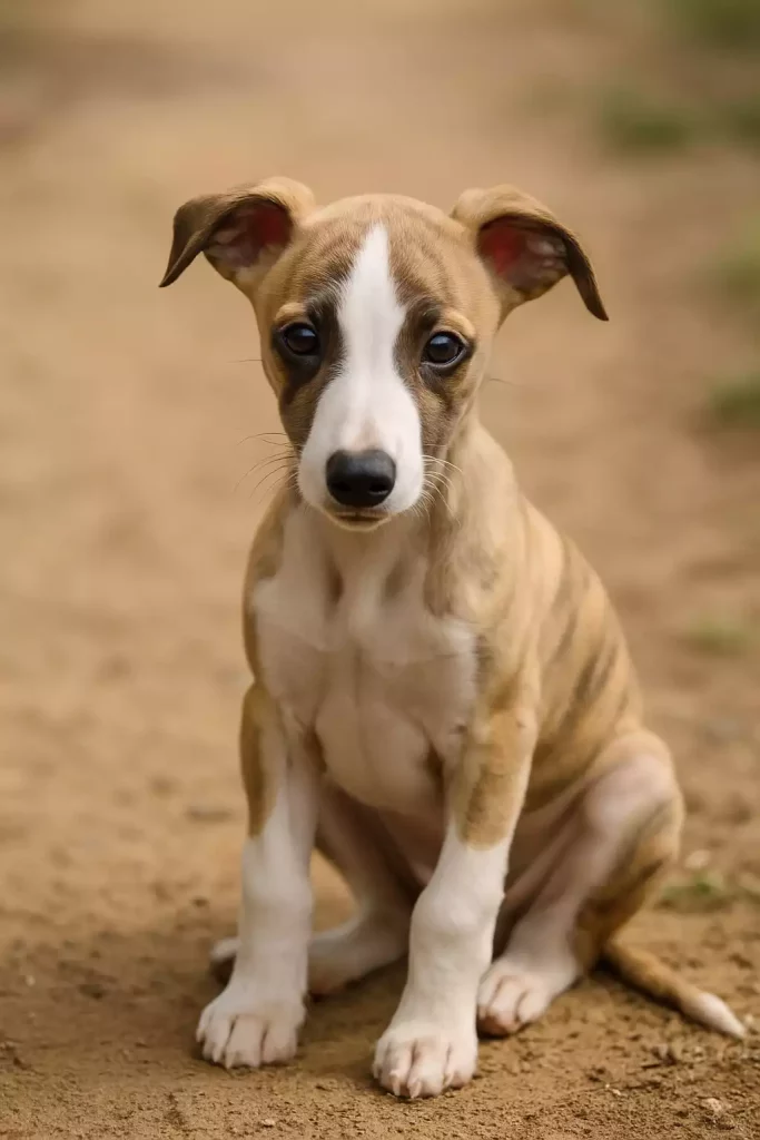 Chiot Whippet bringé et blanc assis sur un chemin de terre, regard confus et expressif, en extérieur par temps clair. Rester cohérent permet d'éviter les difficultés avec son chiot Whippet.