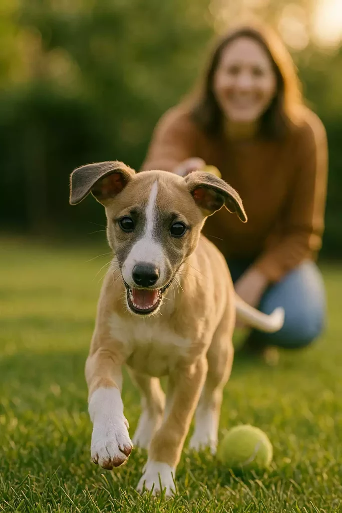 sa maĂźtresse souriante en arriĂšre-plan, prĂȘte Ă lui relancer une balle de tennis. Le jeu, base d'apprentissage, qui permet d'Ă©viter les soucis avec tout jeune Whippet.