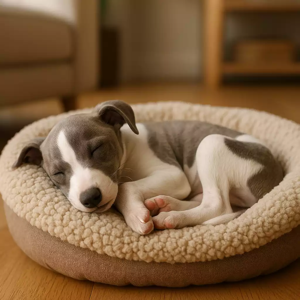 Chiot Whippet gris et blanc profondément endormi dans un panier en tissu douillet, dans un intérieur chaleureux éclairé par la lumiÚre naturelle. Un cocon doux pour éloigner les ennuis avec le chiot lévrier.