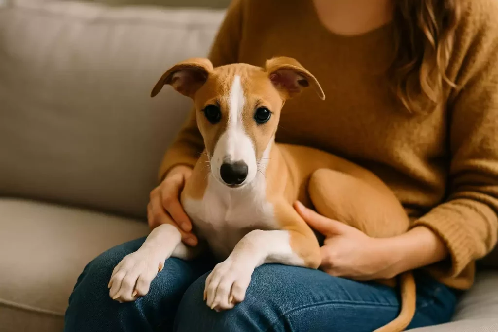 Chiot Whippet fauve et blanc blotti contre sa maßtresse sur un canapé, regard attentif et posture détendue dans un intérieur chaleureux. Pas de problÚmes avec ce chiot lévrier.