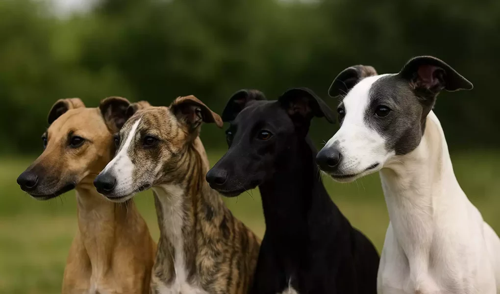 Quatre Whippets aux robes différentes alignés en extérieur : fauve, bringé, noir et blanc et bleu, illustrant la diversité des robes du Whippet.