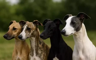 Quatre Whippets aux robes différentes alignés en extérieur : fauve, bringé, noir et blanc et bleu, illustrant la diversité des robes du Whippet.