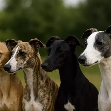 Quatre Whippets aux robes différentes alignés en extérieur : fauve, bringé, noir et blanc et bleu, illustrant la diversité des robes du Whippet.
