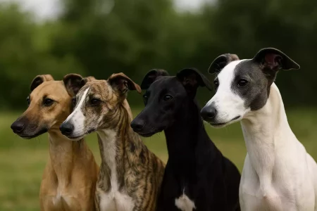 Quatre Whippets aux robes différentes alignés en extérieur : fauve, bringé, noir et blanc et bleu, illustrant la diversité des robes du Whippet.