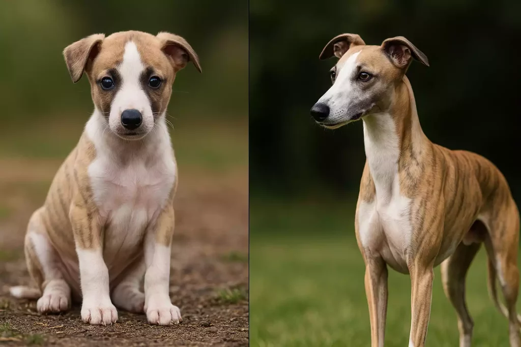 Chiot bringé sable assis à gauche et même lévrier adulte à droite, illustrant l’évolution du pelage du lévrier entre la naissance et l’âge adulte.