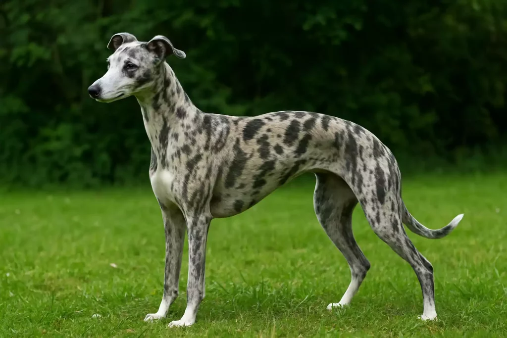 Lévrier au pelage merle noir et gris debout dans un jardin verdoyant, interdit par le standard FCI.