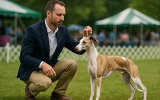 Handler présentant un Whippet bringé clair en position statique lors d'une exposition canine en extérieur, sous une tente verte et blanche, dans un ring gazonné.