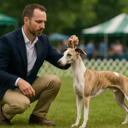 Handler présentant un Whippet bringé clair en position statique lors d'une exposition canine en extérieur, sous une tente verte et blanche, dans un ring gazonné.