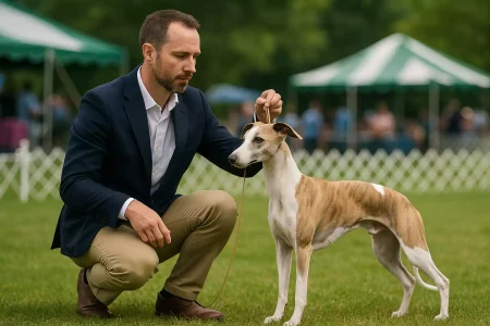 Handler présentant un Whippet bringé clair en position statique lors d'une exposition canine en extérieur, sous une tente verte et blanche, dans un ring gazonné.