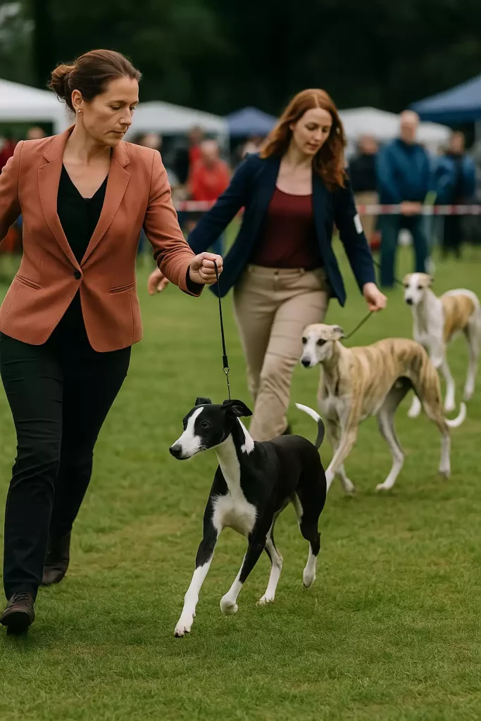 Tour d'honneur en exposition canine avec plusieurs Whippets, dont un noir et blanc au premier plan, menés par leurs handlers sur un ring extérieur en herbe.