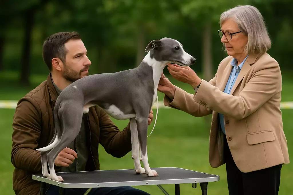 Whippet bleu et blanc présenté sur la table d'examen lors d'une exposition canine, inspecté par une juge expérimentée en extérieur, avec le handler attentif en arrière-plan.