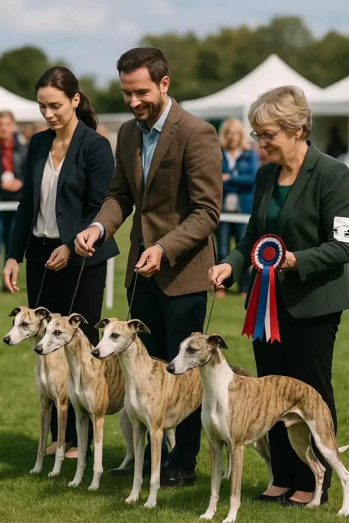 Remise des récompenses lors d’une exposition canine avec quatre Whippets bringés alignés aux côtés de leurs handlers. L'une d'entre aux tient une cocarde tricolore.