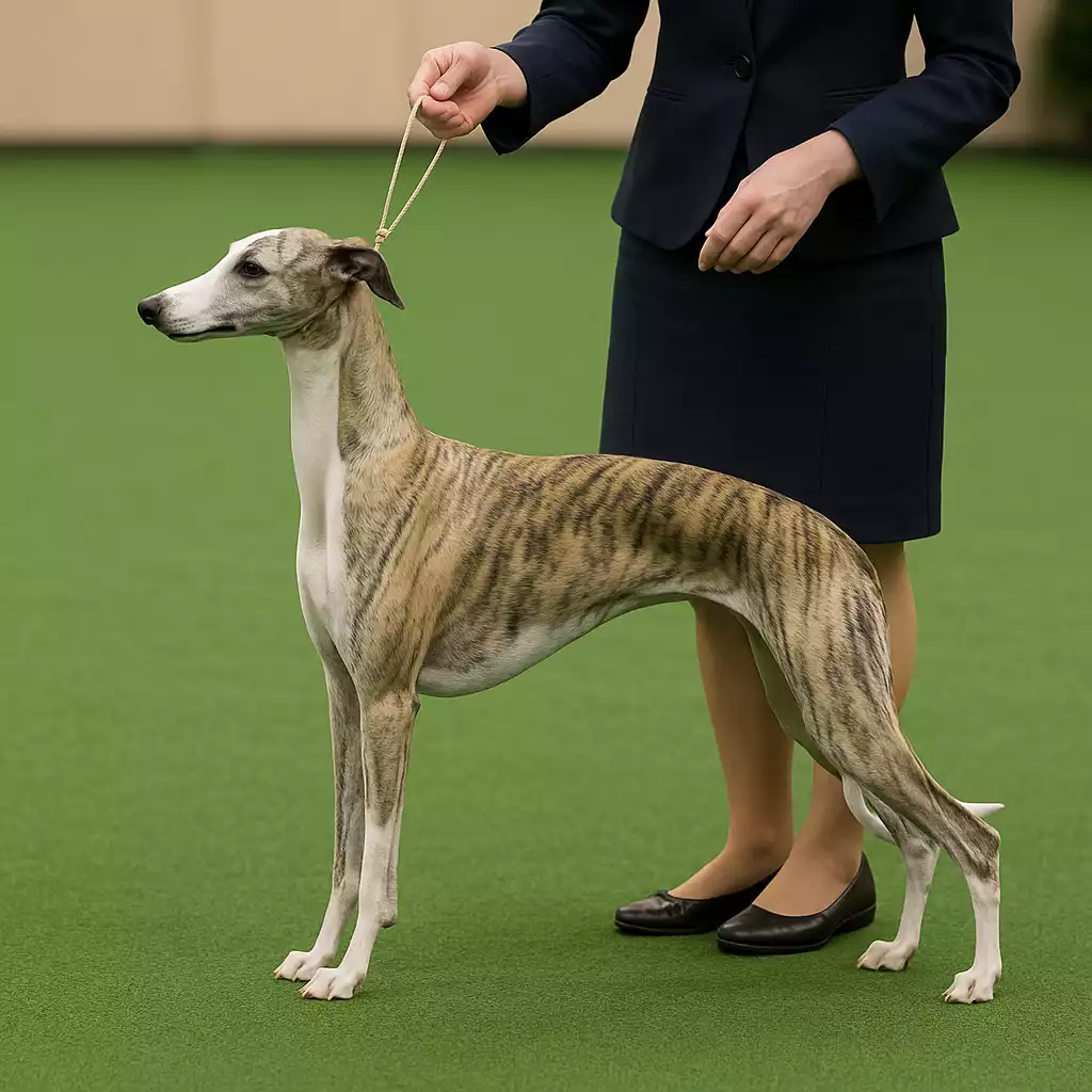 Whippet bringé en position de présentation dans un ring d’exposition canine en intérieur, tenu par sa handler en tailleur bleu marine.