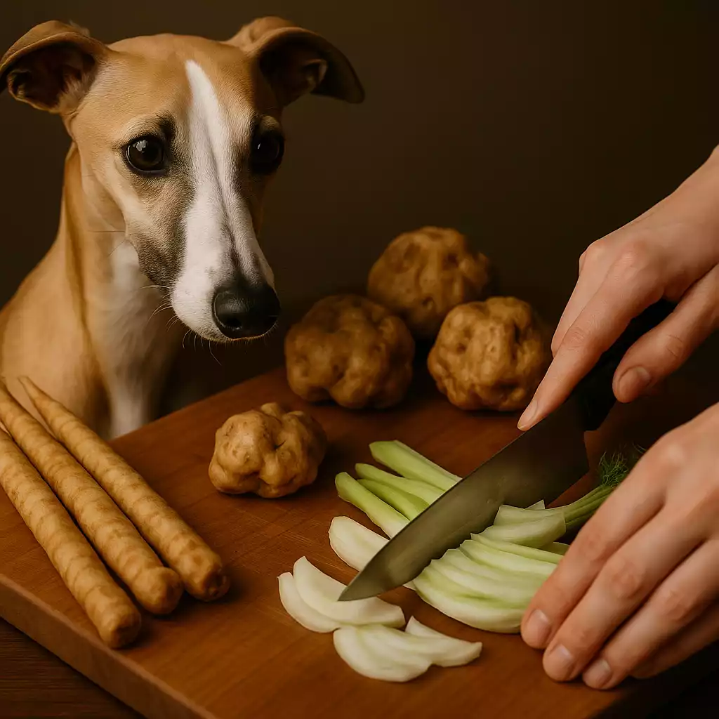 Un Whippet fauve et blanc observant la découpe de légumes rares sur une planche en bois : topinambour, salsifi et fenouil, adaptés à son alimentation.