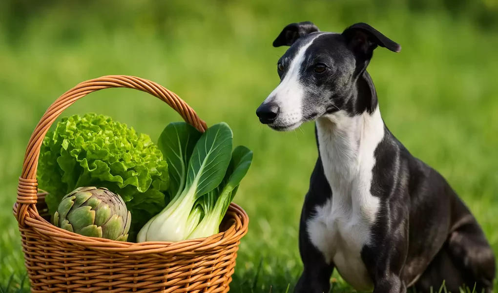 Légumes rares pour Whippet : Un Whippet noir et blanc à côté d’un panier contenant de la laitue, un artichaut et du chou chinois, légumes rares adaptés à son alimentation.