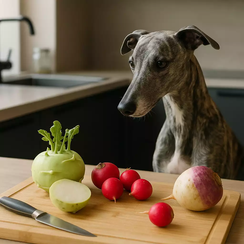 Whippet bringé gris observant une planche en cuisine avec chou-rave, radis rouges et navet, légumes rares pouvant enrichir son alimentation.