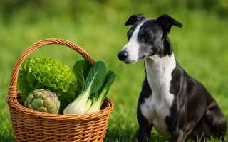 Légumes rares pour Whippet : Un Whippet noir et blanc à côté d’un panier contenant de la laitue, un artichaut et du chou chinois, légumes rares adaptés à son alimentation.