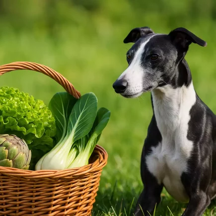 Légumes rares pour Whippet : Un Whippet noir et blanc à côté d’un panier contenant de la laitue, un artichaut et du chou chinois, légumes rares adaptés à son alimentation.