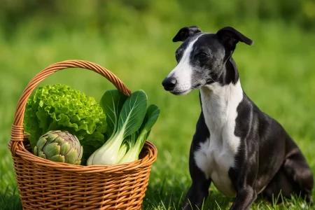 Légumes rares pour Whippet : Un Whippet noir et blanc à côté d’un panier contenant de la laitue, un artichaut et du chou chinois, légumes rares adaptés à son alimentation.