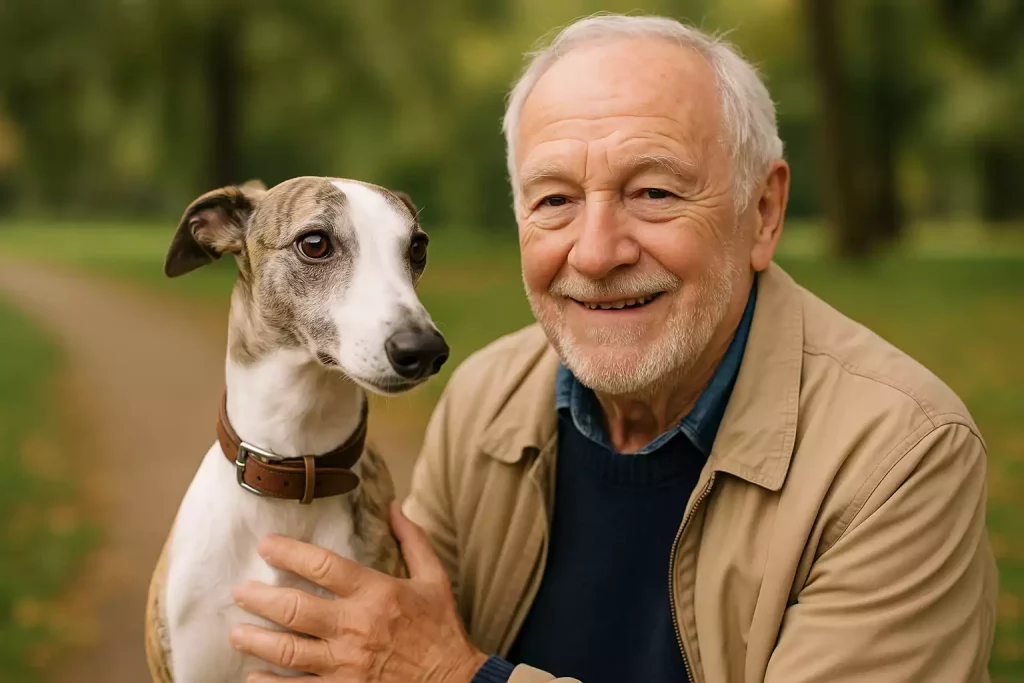Senior souriant tenant son Whippet en promenade : adopter un Whippet à 70 ans est possible avec un bon équilibre de vie.
