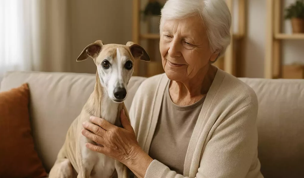 Femme de plus de 70 ans assise avec son Whippet sable : une belle illustration de l’adoption en senior.