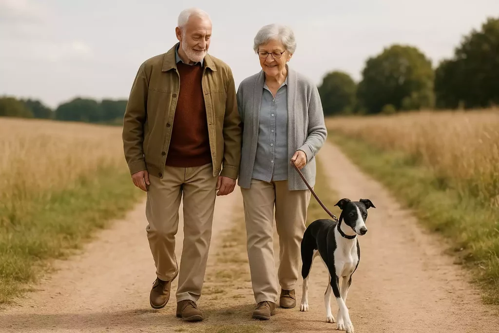 Adopter un Whippet à 70 ans : un couple de retraités en balade champêtre avec leur Whippet noir et blanc.