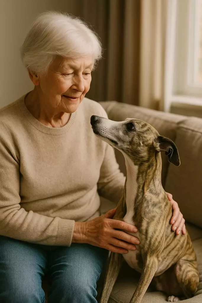 Adopter un Whippet à 70 ans : complicité entre une femme âgée et son Whippet bringé sur un canapé ensoleillé.