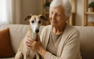 Femme de plus de 70 ans assise avec son Whippet sable : une belle illustration de l’adoption en senior.