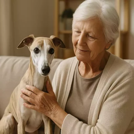 Femme de plus de 70 ans assise avec son Whippet sable : une belle illustration de l’adoption en senior.