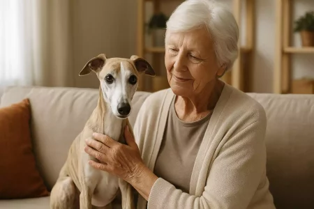 Femme de plus de 70 ans assise avec son Whippet sable : une belle illustration de l’adoption en senior.