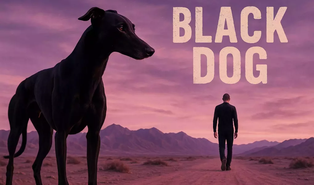 Black dog : un Whippet noir aux muscles saillants domine le premier plan, tandis qu’un homme solitaire au crâne rasé avance sur une piste du désert du Gobi sous un ciel mauve dramatique.
