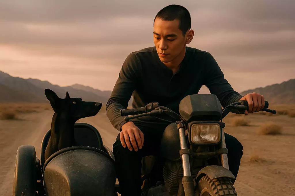 Un Whippet noir aux lignes saillantes regarde un jeune homme asiatique au crâne rasé, assis sur une moto dans le désert du Gobi, sous un ciel mauve chargé de poussière.