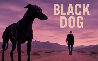 Black dog : un Whippet noir aux muscles saillants domine le premier plan, tandis qu’un homme solitaire au crâne rasé avance sur une piste du désert du Gobi sous un ciel mauve dramatique.