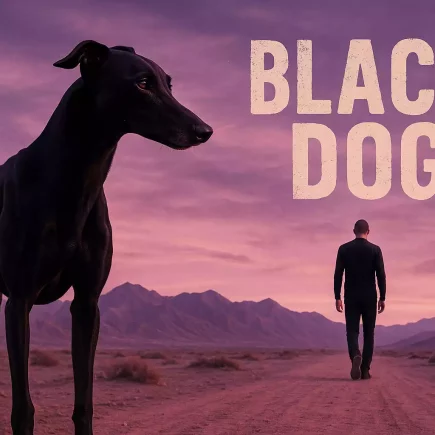 Black dog : un Whippet noir aux muscles saillants domine le premier plan, tandis qu’un homme solitaire au crâne rasé avance sur une piste du désert du Gobi sous un ciel mauve dramatique.