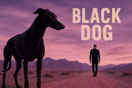 Black dog : un Whippet noir aux muscles saillants domine le premier plan, tandis qu’un homme solitaire au crâne rasé avance sur une piste du désert du Gobi sous un ciel mauve dramatique.