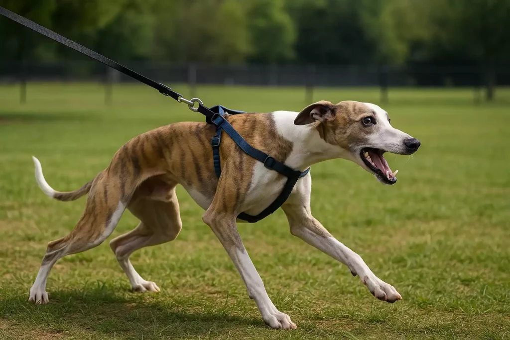 Réactivité du Whippet illustrée par un Whippet bringé en laisse, tirant vivement en direction d’un stimulus invisible, dans un parc ensoleillé.