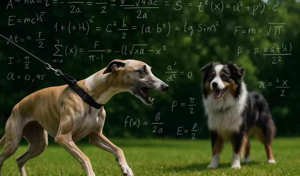 Réactivité du Whippet illustrée par un Whippet tendu en laisse face à un Berger Américain détendu, avec des équations mathématiques en arrière-plan.