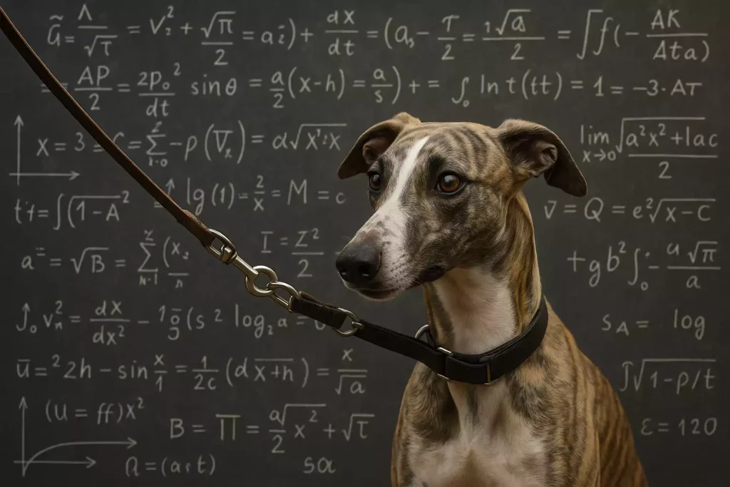 Whippet réactif tenu en laisse, devant un tableau rempli de formules mathématiques, symbolisant l’analyse de la réactivité du Whippet.