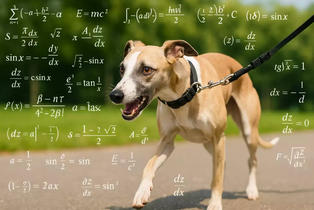 Réactivité du Whippet représentée par un chien tendu sur sa laisse, dans un parc, avec des formules mathématiques flottant autour de lui.