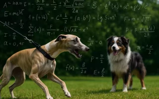 Réactivité du Whippet illustrée par un Whippet tendu en laisse face à un Berger Américain détendu, avec des équations mathématiques en arrière-plan.