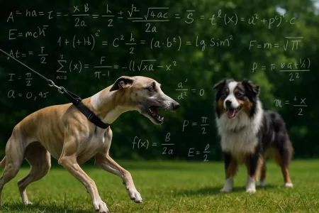 Réactivité du Whippet illustrée par un Whippet tendu en laisse face à un Berger Américain détendu, avec des équations mathématiques en arrière-plan.