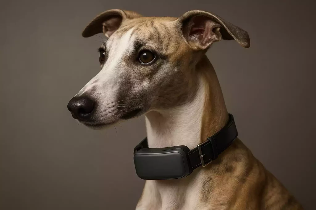 Whippet bringé portant un collier GPS noir sur fond neutre.