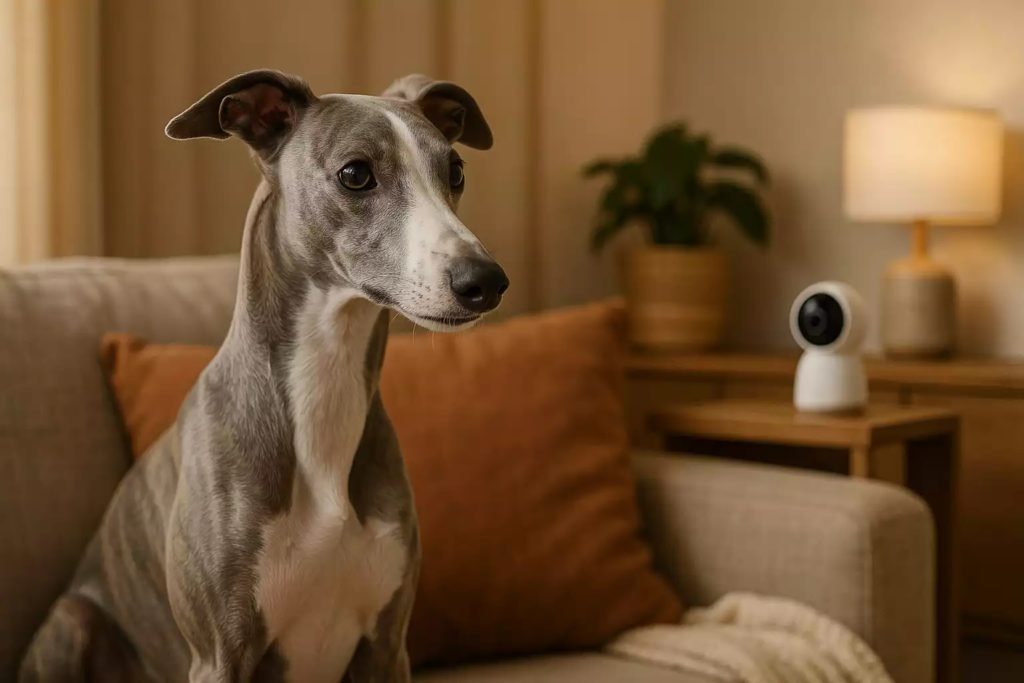 Whippet gris assis sur un canapé dans un salon cosy, surveillé par une caméra connectée posée sur une table basse.