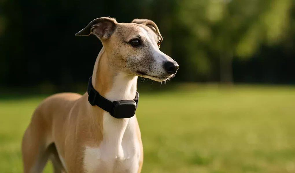 Whippet fauve portant un collier GPS high-tech dans un parc ensoleillé.