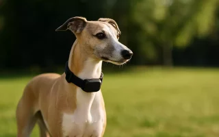 Whippet fauve portant un collier GPS high-tech dans un parc ensoleillé.