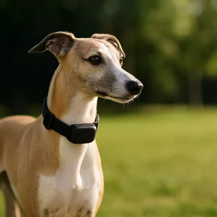 Whippet fauve portant un collier GPS high-tech dans un parc ensoleillé.
